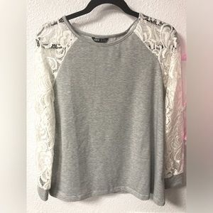 SHEIN long sleeve grey shirt with white lace sleeve. Size women’s small.